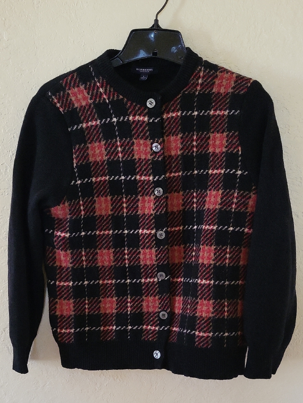Vintage Burberry Black and Red Plaid Button-Front Cardigan